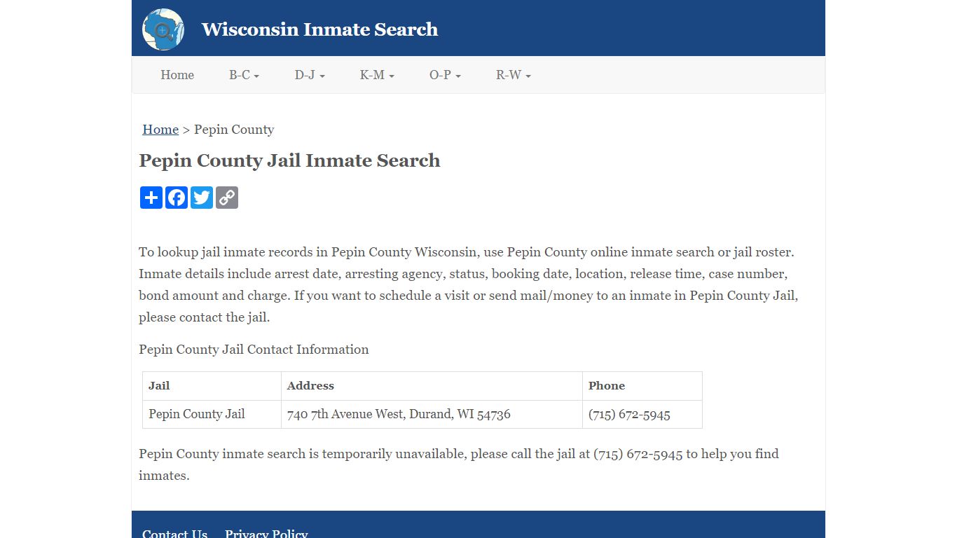 Pepin County Jail Inmate Search